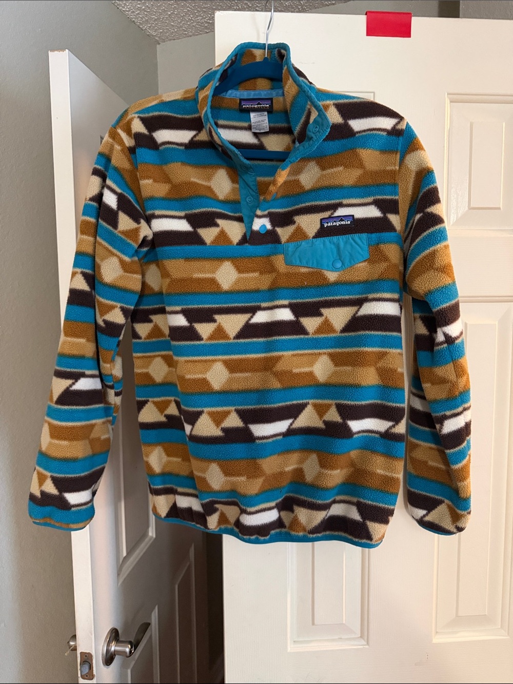 Patagonia | Men's | women’s | Striped Fleece Pullover in Teal, Brown & White | M